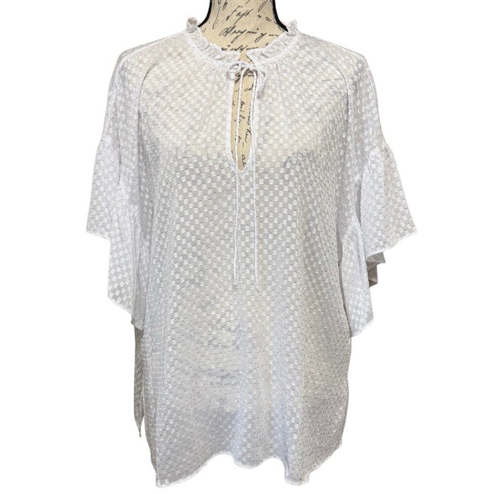 Alice + Olivia JULIUS Top Size XL Sheer White Flutter Sleeve Blouse NEW